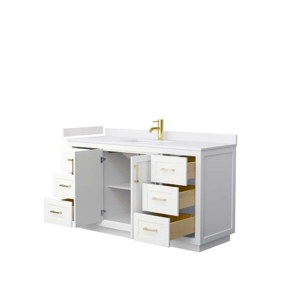 Miranda 60 Inch Single Bathroom Vanity in White, White Cultured Marble Countertop, Undermount Square Sink, Brushed Gold Trim