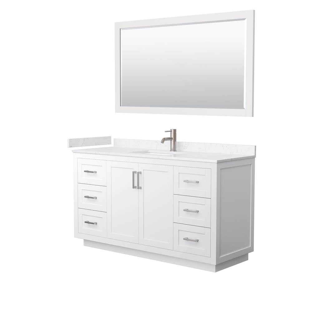 Wyndham Collection - Miranda 60 Inch Single Bathroom Vanity in White, Carrara Cultured Marble Countertop, Undermount Square Sink, Brushed Nickel Trim, 58 Inch Mirror