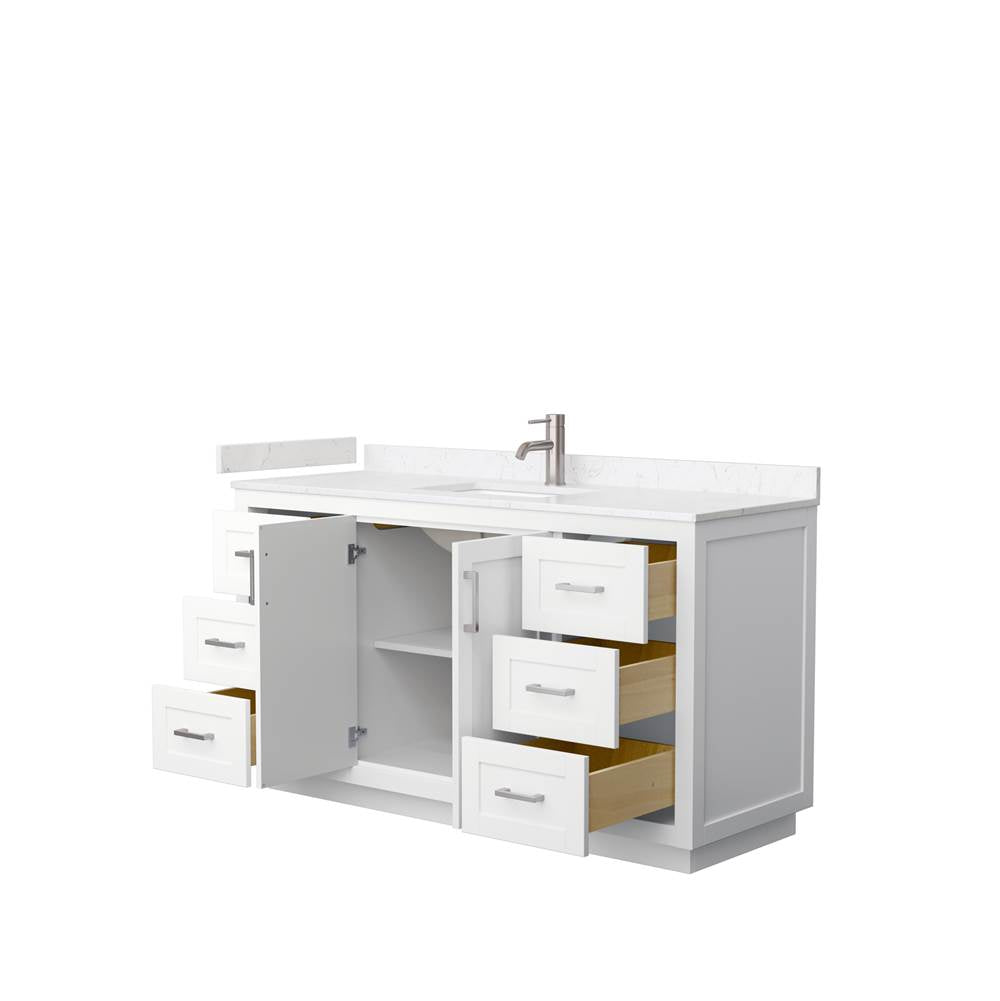 Miranda 60 Inch Single Bathroom Vanity in White, Carrara Cultured Marble Countertop, Undermount Square Sink, Brushed Nickel Trim