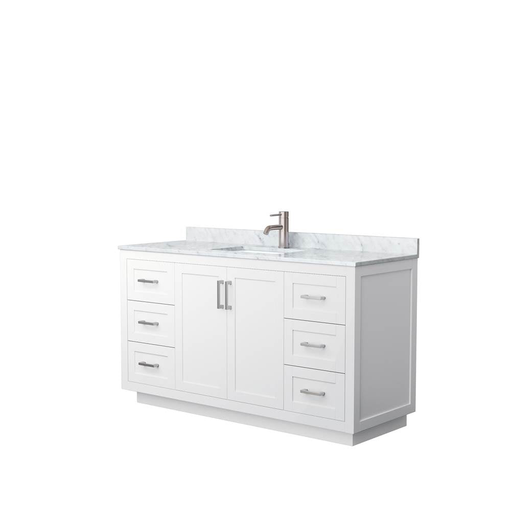 Wyndham Collection - Miranda 60 Inch Single Bathroom Vanity in White, White Carrara Marble Countertop, Undermount Square Sink, Brushed Nickel Trim