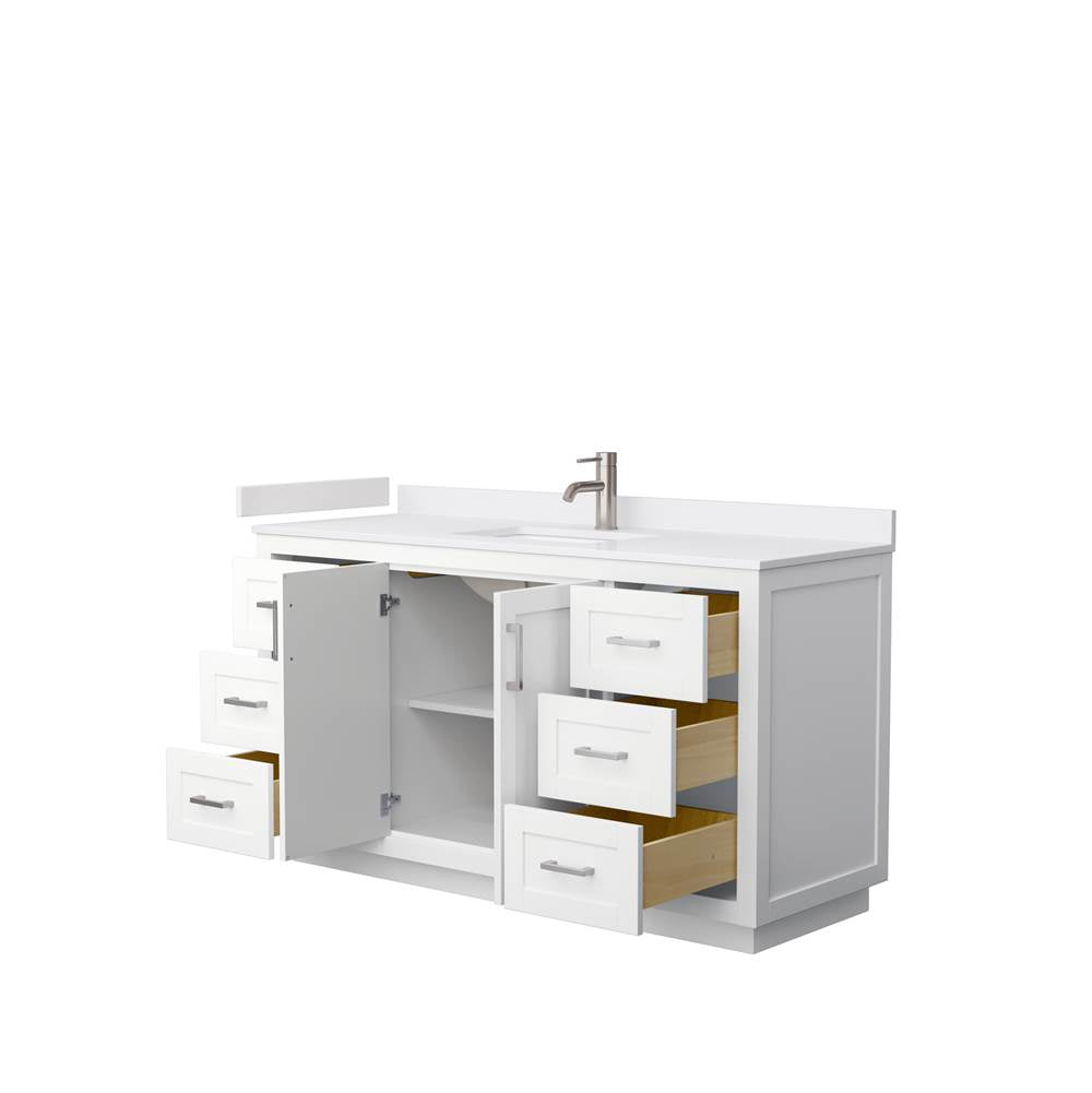 Miranda 60 Inch Single Bathroom Vanity in White, White Cultured Marble Countertop, Undermount Square Sink, Brushed Nickel Trim