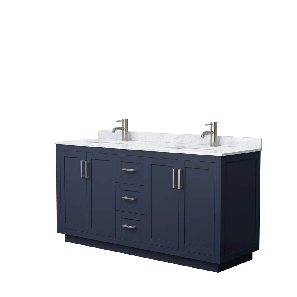 Wyndham Collection - Miranda 66 Inch Double Bathroom Vanity in Dark Blue, White Carrara Marble Countertop, Undermount Square Sinks, Brushed Nickel Trim