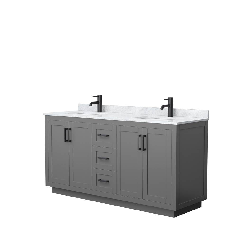 Wyndham Collection - Miranda 66 Inch Double Bathroom Vanity in Dark Gray, White Carrara Marble Countertop, Undermount Square Sinks, Matte Black Trim
