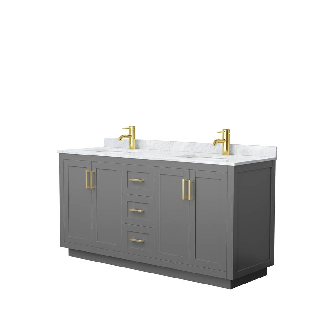 Wyndham Collection - Miranda 66 Inch Double Bathroom Vanity in Dark Gray, White Carrara Marble Countertop, Undermount Square Sinks, Brushed Gold Trim