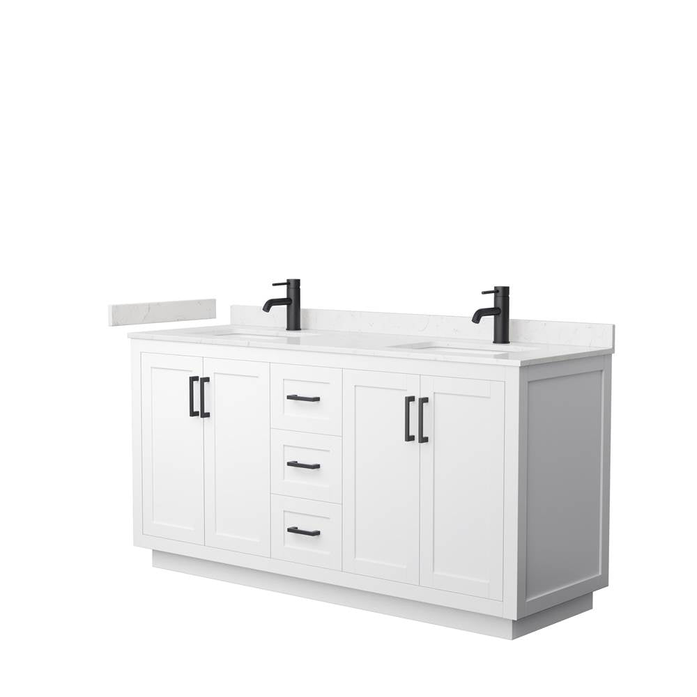 Wyndham Collection - Miranda 66 Inch Double Bathroom Vanity in White, Carrara Cultured Marble Countertop, Undermount Square Sinks, Matte Black Trim