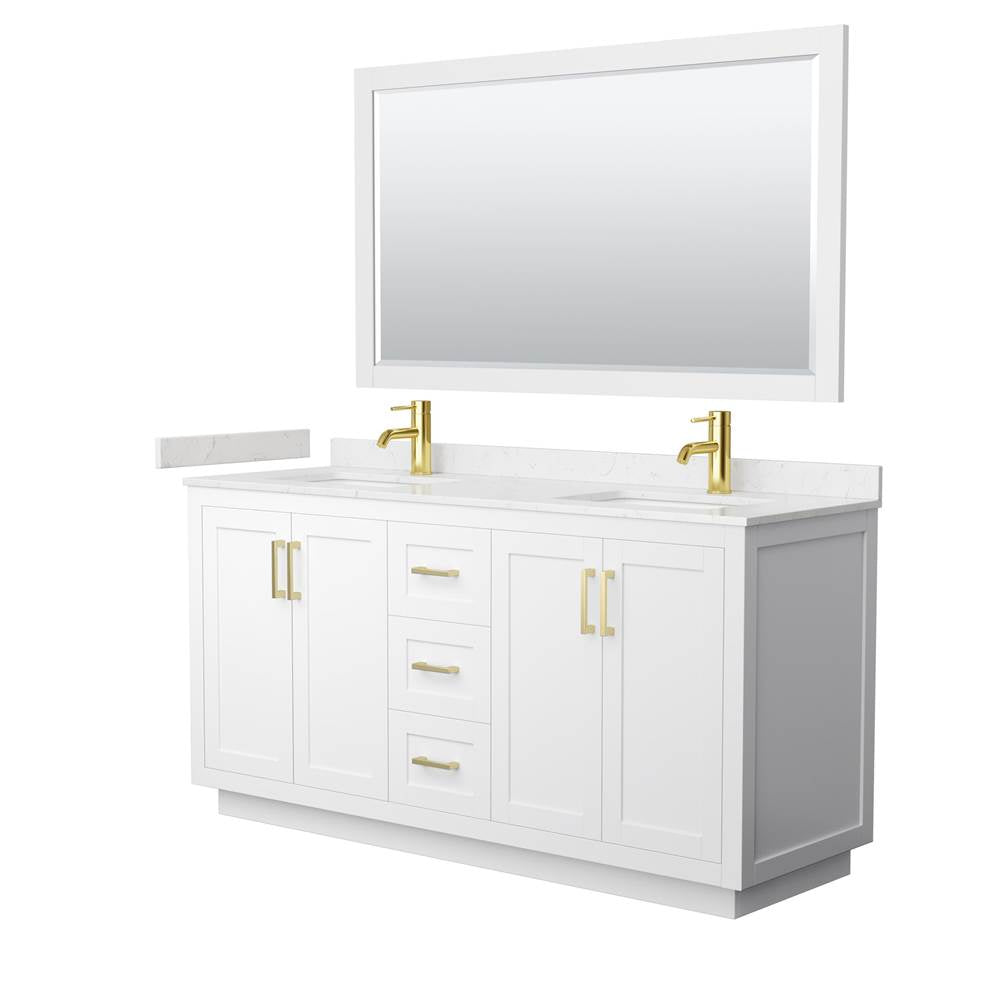 Wyndham Collection - Miranda 66 Inch Double Bathroom Vanity in White, Carrara Cultured Marble Countertop, Undermount Square Sinks, Brushed Gold Trim, 58 Inch Mirror