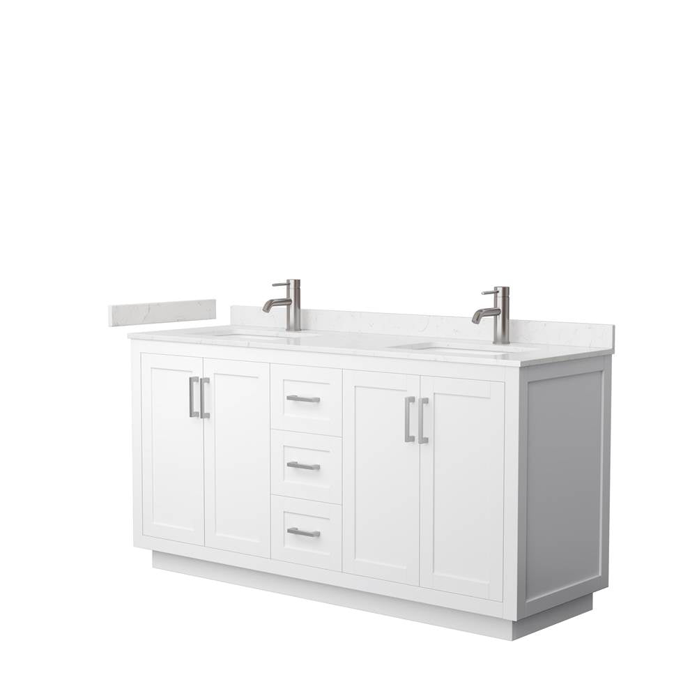 Wyndham Collection - Miranda 66 Inch Double Bathroom Vanity in White, Carrara Cultured Marble Countertop, Undermount Square Sinks, Brushed Nickel Trim