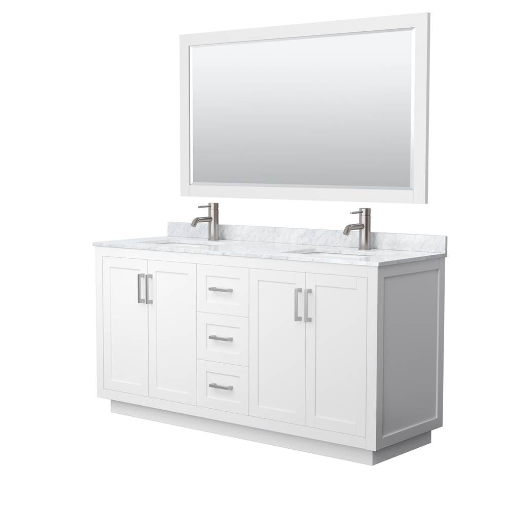 Wyndham Collection - Miranda 66 Inch Double Bathroom Vanity in White, White Carrara Marble Countertop, Undermount Square Sinks, Brushed Nickel Trim, 58 Inch Mirror