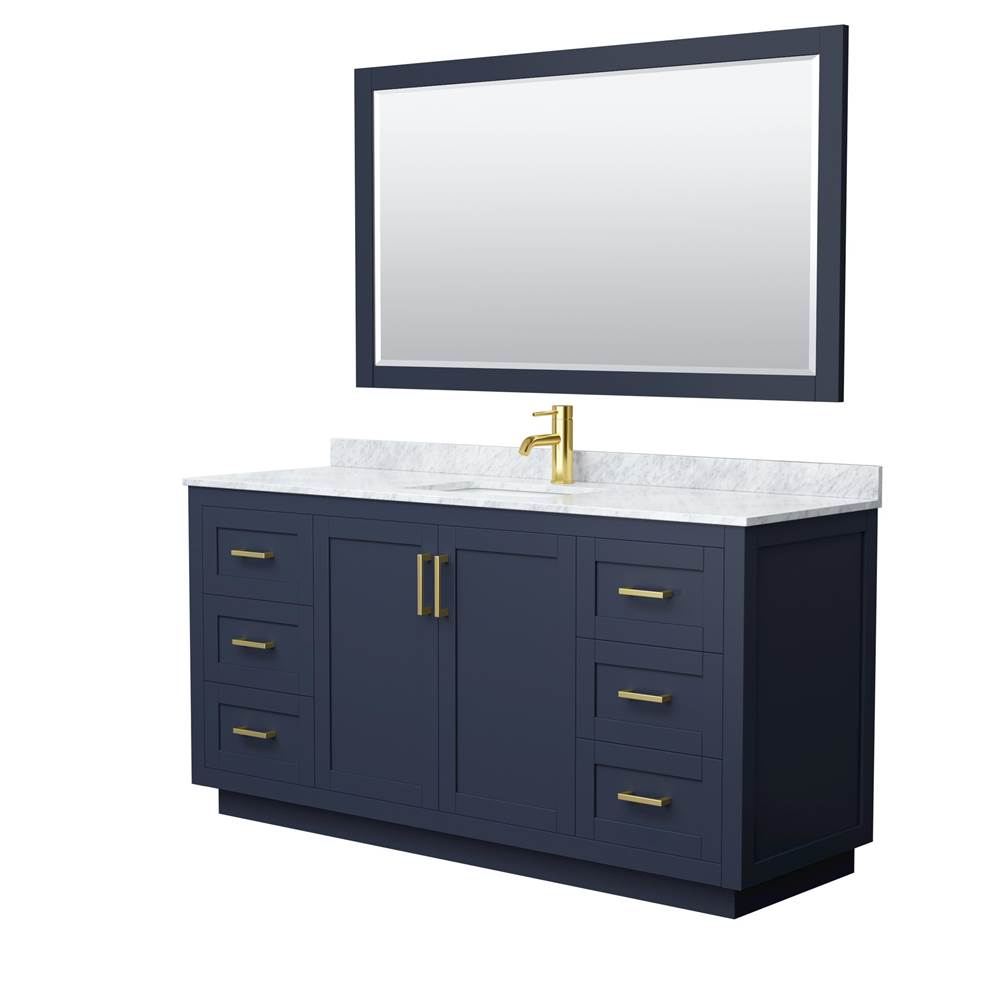 Wyndham Collection - Miranda 66 Inch Single Bathroom Vanity in Dark Blue, White Carrara Marble Countertop, Undermount Square Sink, Brushed Gold Trim, 58 Inch Mirror