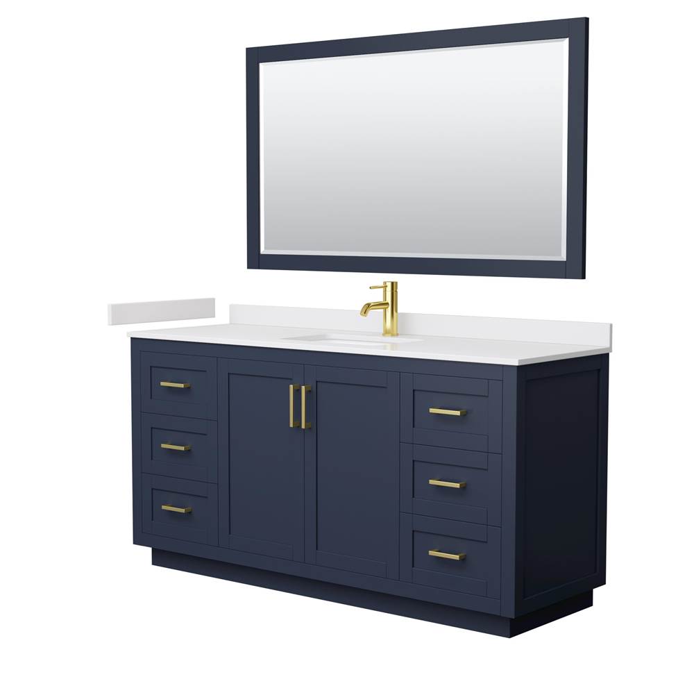 Wyndham Collection - Miranda 66 Inch Single Bathroom Vanity in Dark Blue, White Cultured Marble Countertop, Undermount Square Sink, Brushed Gold Trim, 58 Inch Mirror