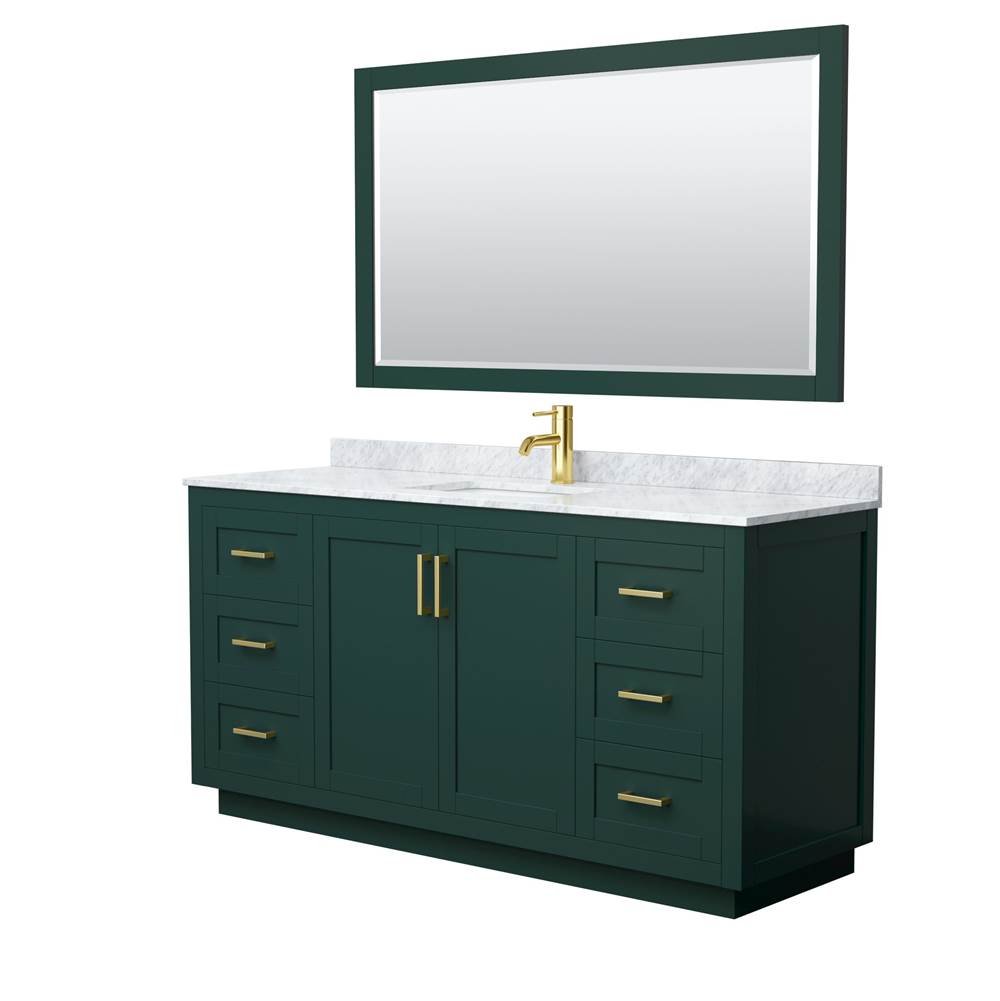 Wyndham Collection - Miranda 66 Inch Single Bathroom Vanity in Green, White Carrara Marble Countertop, Undermount Square Sink, Brushed Gold Trim, 58 Inch Mirror