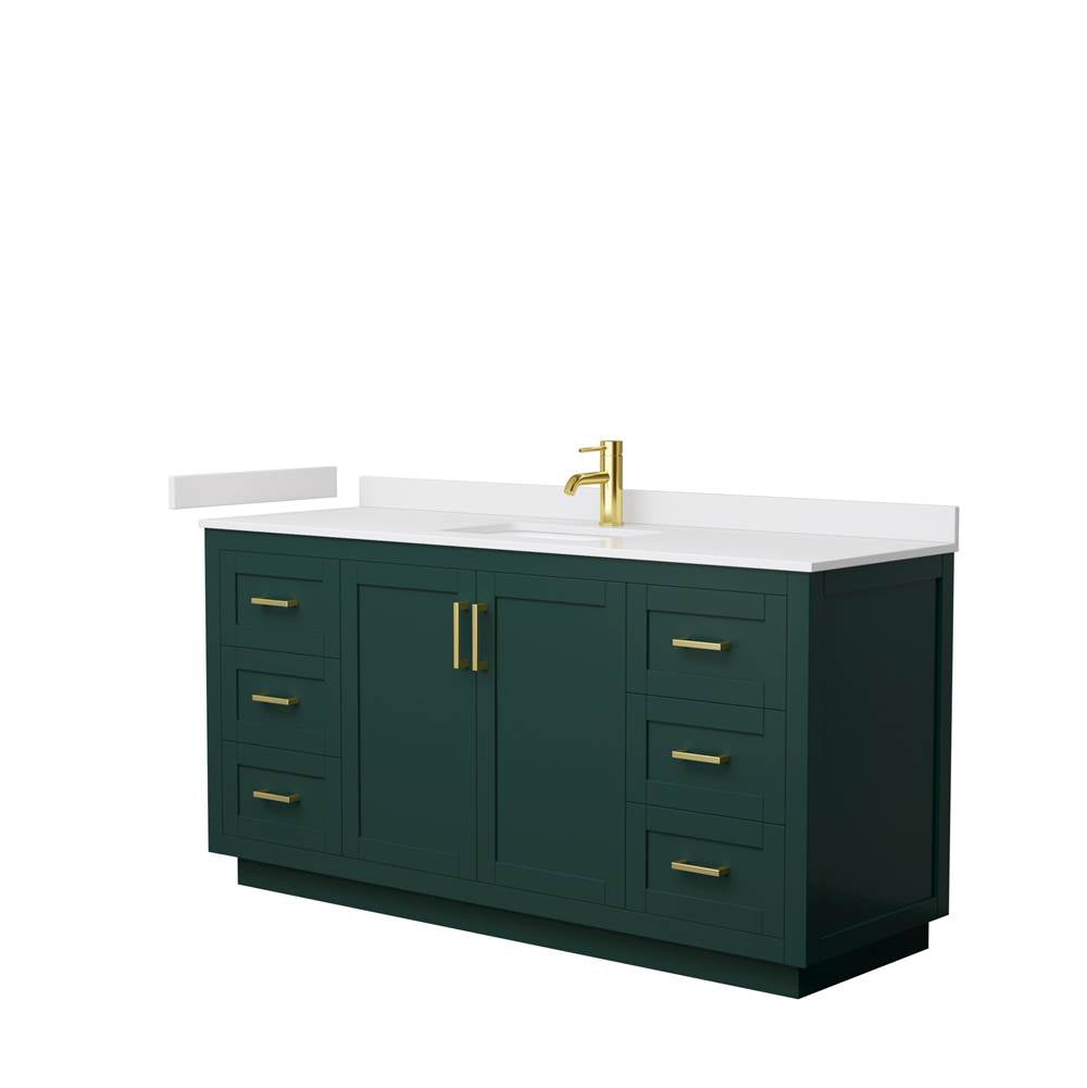 Wyndham Collection - Miranda 66 Inch Single Bathroom Vanity in Green, White Cultured Marble Countertop, Undermount Square Sink, Brushed Gold Trim