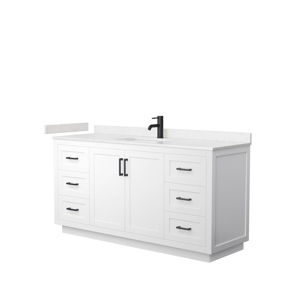 Wyndham Collection - Miranda 66 Inch Single Bathroom Vanity in White, Carrara Cultured Marble Countertop, Undermount Square Sink, Matte Black Trim
