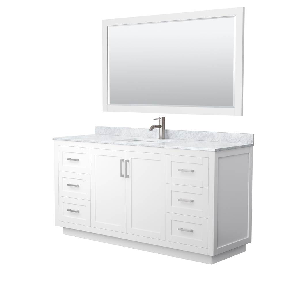 Wyndham Collection - Miranda 66 Inch Single Bathroom Vanity in White, White Carrara Marble Countertop, Undermount Square Sink, Brushed Nickel Trim, 58 Inch Mirror