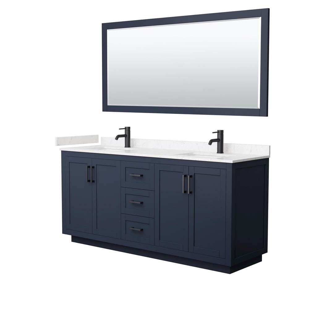 Wyndham Collection - Miranda 72 Inch Double Bathroom Vanity in Dark Blue, Carrara Cultured Marble Countertop, Undermount Square Sinks, Matte Black Trim, 70 Inch Mirror