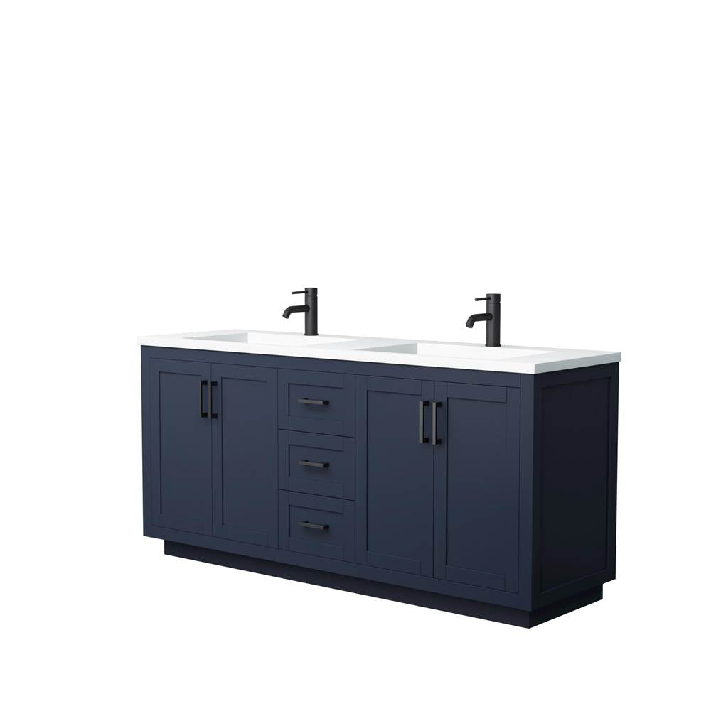 Wyndham Collection - Miranda 72 Inch Double Bathroom Vanity in Dark Blue, 1.25 Inch Thick Matte White Solid Surface Countertop, Integrated Sinks, Matte Black Trim