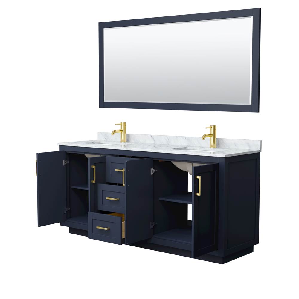 Miranda 72 Inch Double Bathroom Vanity in Dark Blue, White Carrara Marble Countertop, Undermount Square Sinks, Brushed Gold Trim, 70 Inch Mirror