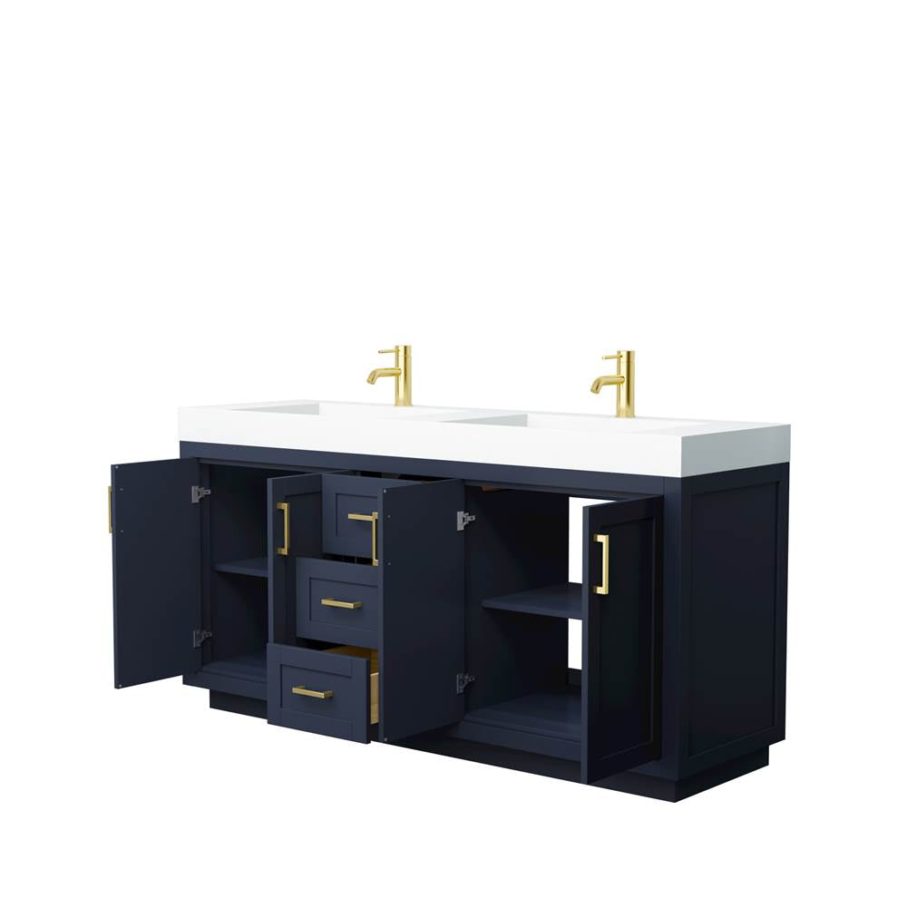 Miranda 72 Inch Double Bathroom Vanity in Dark Blue, 4 Inch Thick Matte White Solid Surface Countertop, Integrated Sinks, Brushed Gold Trim