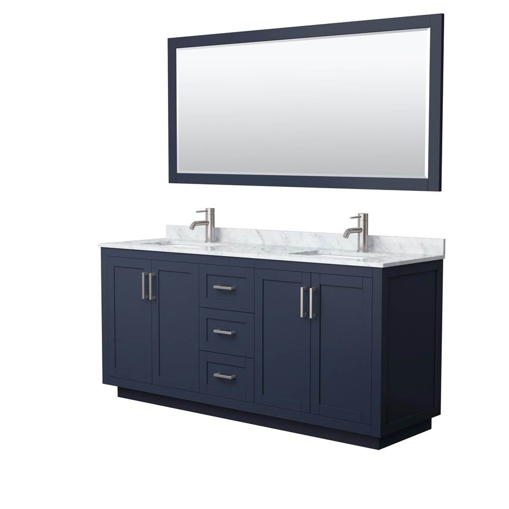 Wyndham Collection - Miranda 72 Inch Double Bathroom Vanity in Dark Blue, White Carrara Marble Countertop, Undermount Square Sinks, Brushed Nickel Trim, 70 Inch Mirror