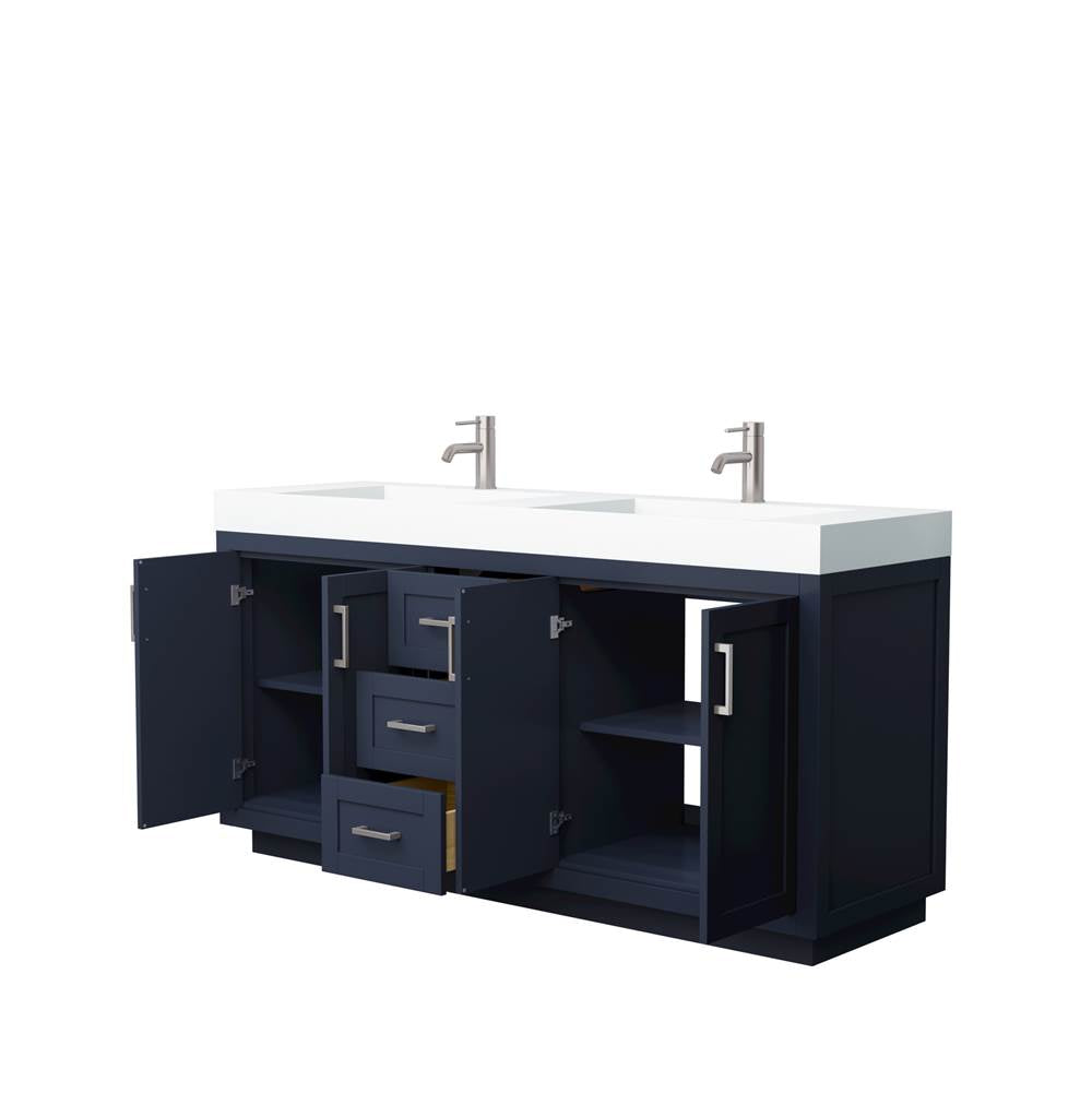 Miranda 72 Inch Double Bathroom Vanity in Dark Blue, 4 Inch Thick Matte White Solid Surface Countertop, Integrated Sinks, Brushed Nickel Trim