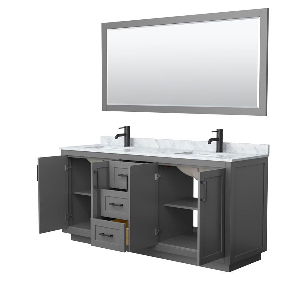 Miranda 72 Inch Double Bathroom Vanity in Dark Gray, White Carrara Marble Countertop, Undermount Square Sinks, Matte Black Trim, 70 Inch Mirror