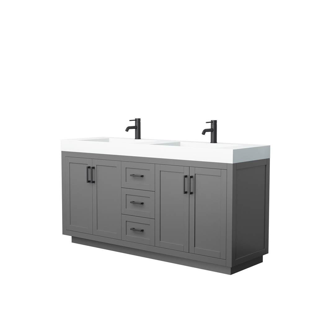 Wyndham Collection - Miranda 72 Inch Double Bathroom Vanity in Dark Gray, 4 Inch Thick Matte White Solid Surface Countertop, Integrated Sinks, Matte Black Trim