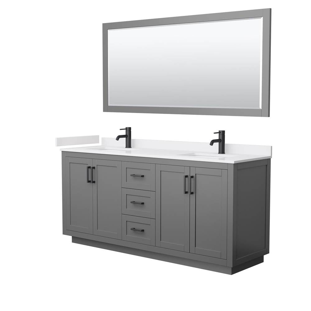 Wyndham Collection - Miranda 72 Inch Double Bathroom Vanity in Dark Gray, White Cultured Marble Countertop, Undermount Square Sinks, Matte Black Trim, 70 Inch Mirror