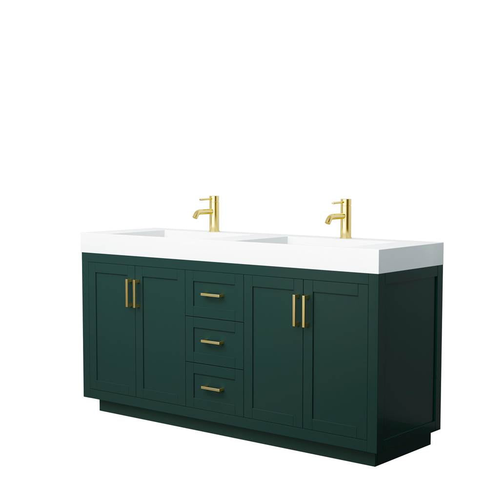 Wyndham Collection - Miranda 72 Inch Double Bathroom Vanity in Green, 4 Inch Thick Matte White Solid Surface Countertop, Integrated Sinks, Brushed Gold Trim