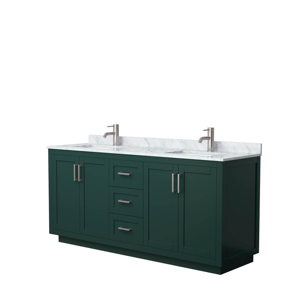 Wyndham Collection - Miranda 72 Inch Double Bathroom Vanity in Green, White Carrara Marble Countertop, Undermount Square Sinks, Brushed Nickel Trim