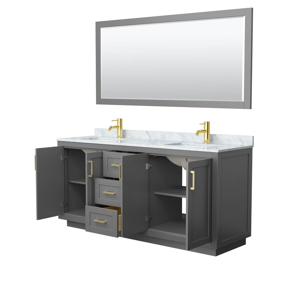 Miranda 72 Inch Double Bathroom Vanity in Dark Gray, White Carrara Marble Countertop, Undermount Square Sinks, Brushed Gold Trim, 70 Inch Mirror