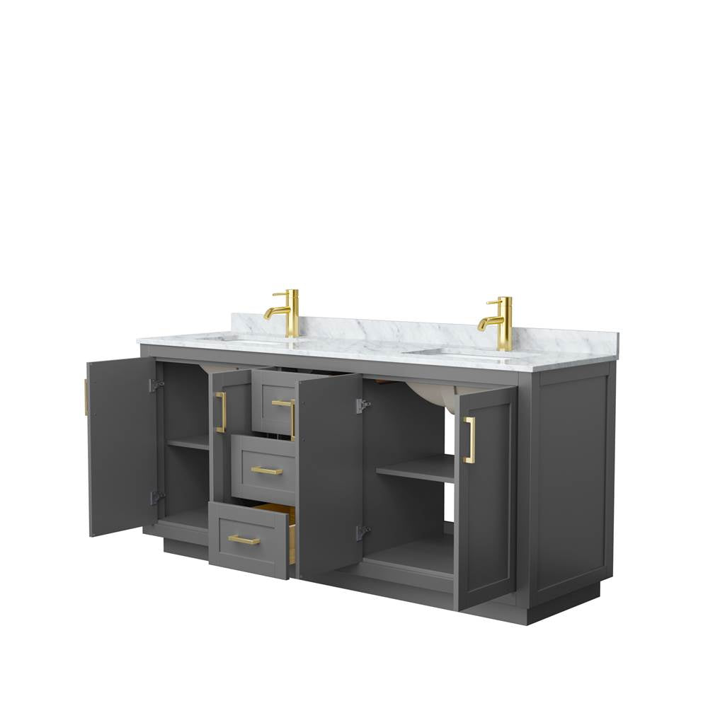 Miranda 72 Inch Double Bathroom Vanity in Dark Gray, White Carrara Marble Countertop, Undermount Square Sinks, Brushed Gold Trim