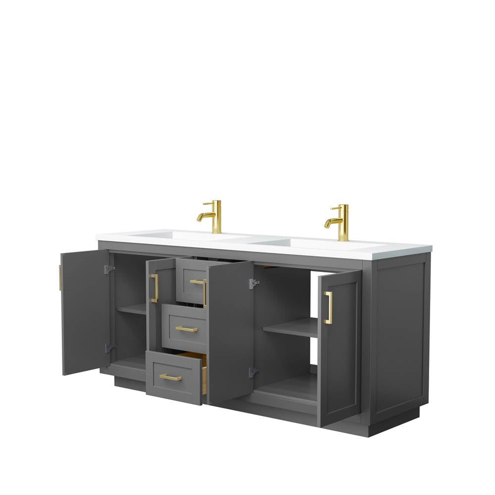 Miranda 72 Inch Double Bathroom Vanity in Dark Gray, 1.25 Inch Thick Matte White Solid Surface Countertop, Integrated Sinks, Brushed Gold Trim