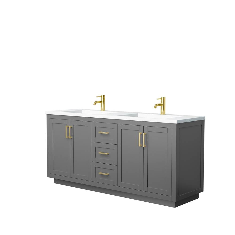 Wyndham Collection - Miranda 72 Inch Double Bathroom Vanity in Dark Gray, 1.25 Inch Thick Matte White Solid Surface Countertop, Integrated Sinks, Brushed Gold Trim