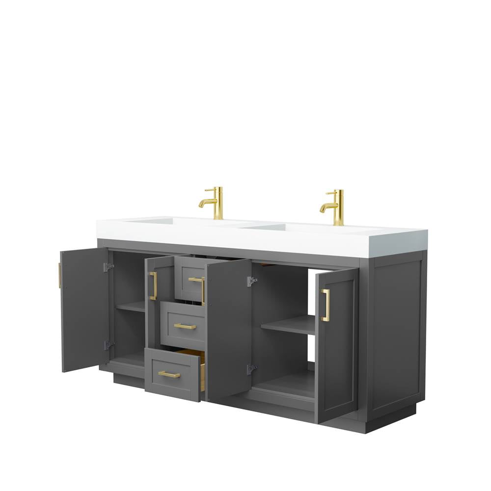 Miranda 72 Inch Double Bathroom Vanity in Dark Gray, 4 Inch Thick Matte White Solid Surface Countertop, Integrated Sinks, Brushed Gold Trim