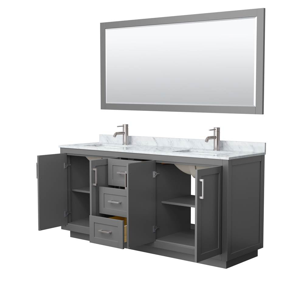 Miranda 72 Inch Double Bathroom Vanity in Dark Gray, White Carrara Marble Countertop, Undermount Square Sinks, Brushed Nickel Trim, 70 Inch Mirror