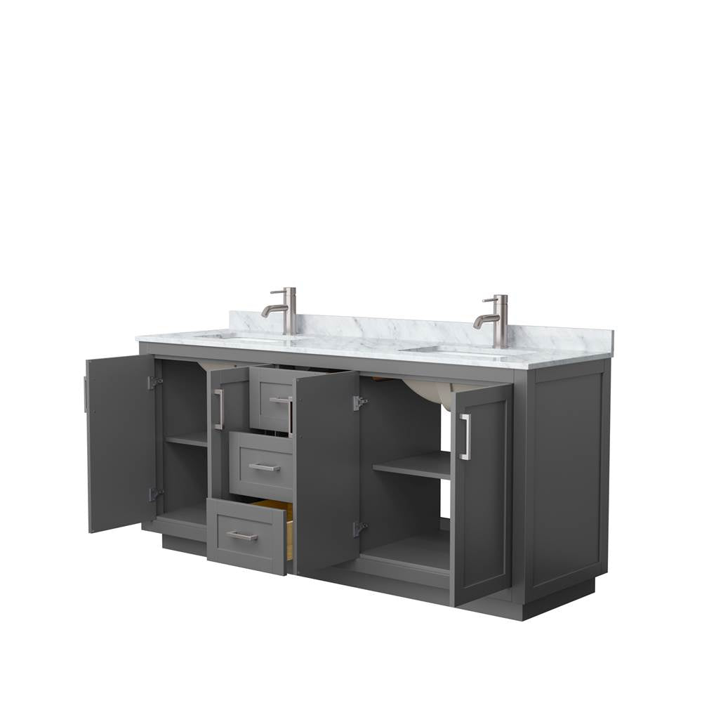 Miranda 72 Inch Double Bathroom Vanity in Dark Gray, White Carrara Marble Countertop, Undermount Square Sinks, Brushed Nickel Trim
