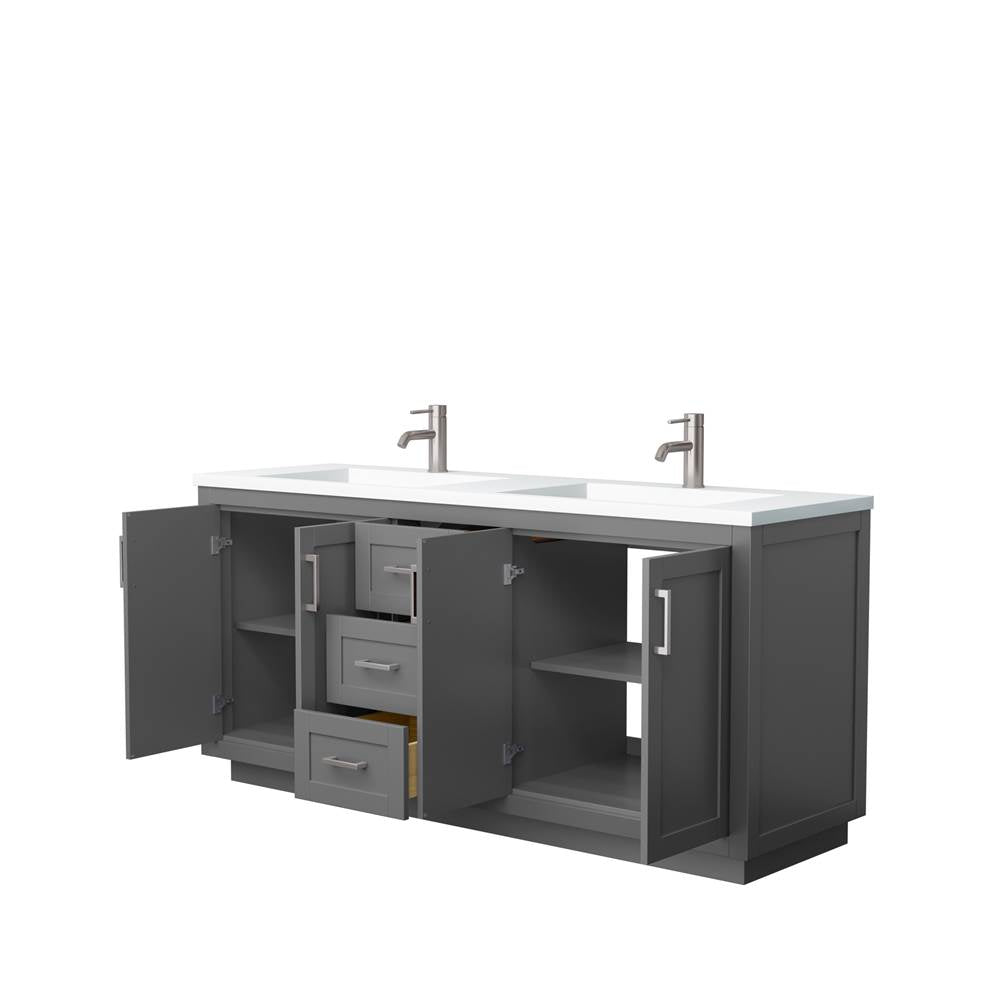 Miranda 72 Inch Double Bathroom Vanity in Dark Gray, 1.25 Inch Thick Matte White Solid Surface Countertop, Integrated Sinks, Brushed Nickel Trim