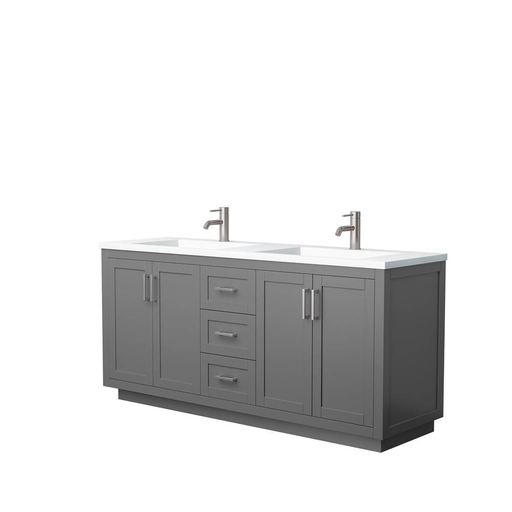 Wyndham Collection - Miranda 72 Inch Double Bathroom Vanity in Dark Gray, 1.25 Inch Thick Matte White Solid Surface Countertop, Integrated Sinks, Brushed Nickel Trim