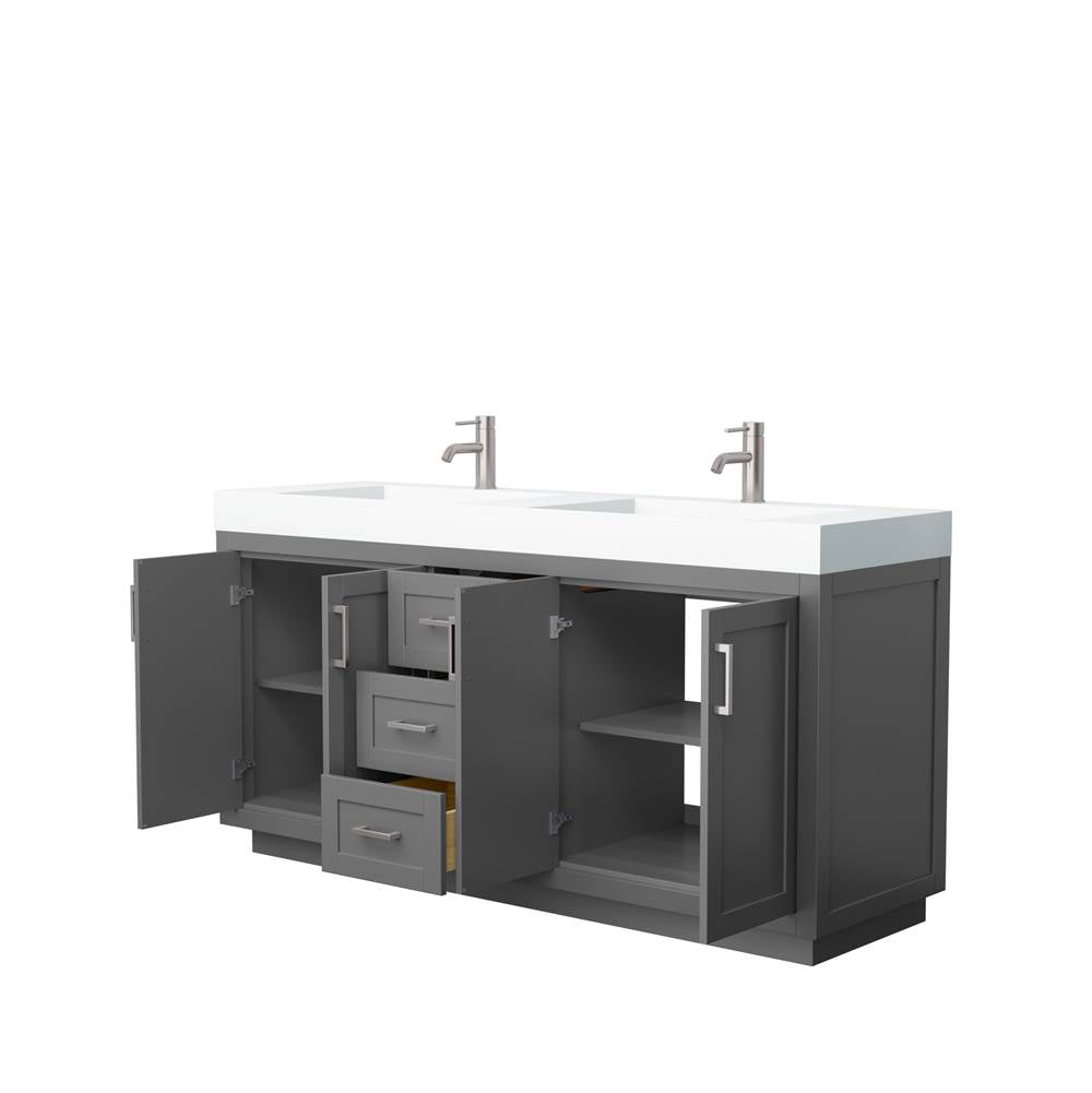 Miranda 72 Inch Double Bathroom Vanity in Dark Gray, 4 Inch Thick Matte White Solid Surface Countertop, Integrated Sinks, Brushed Nickel Trim