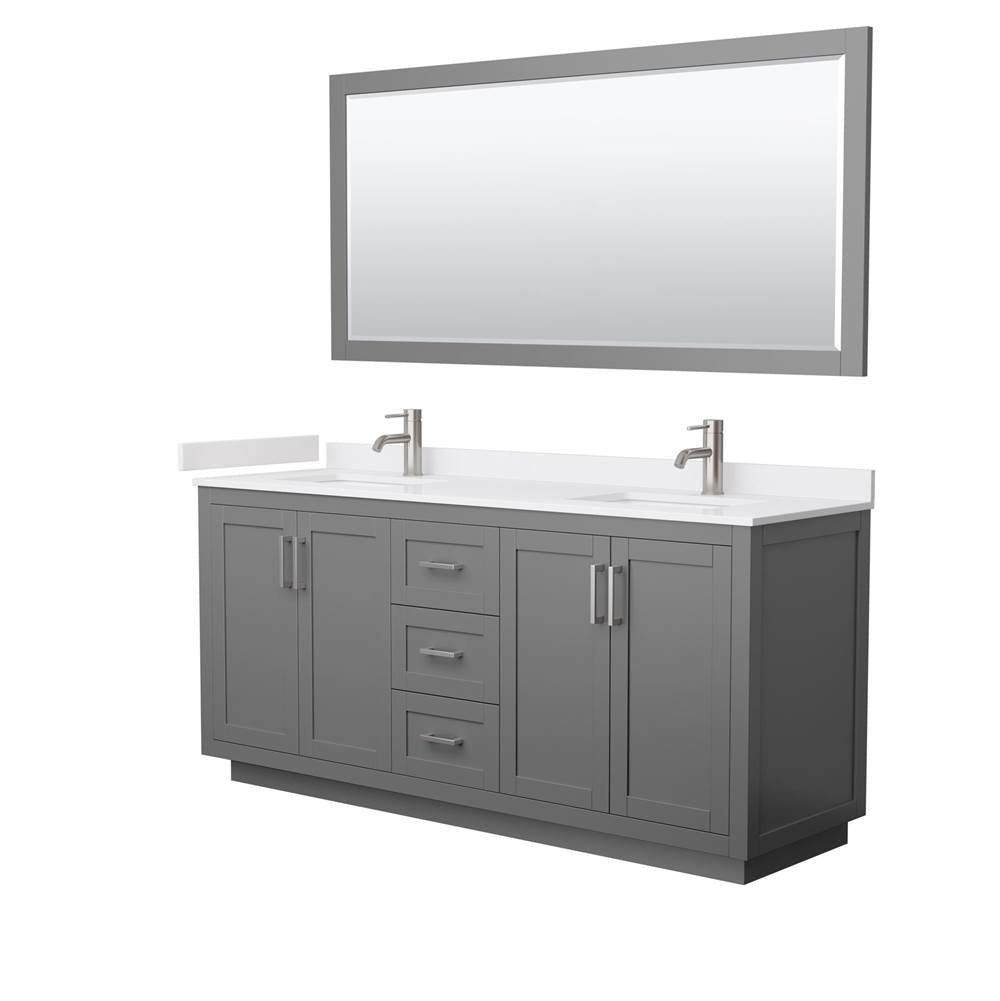 Wyndham Collection - Miranda 72 Inch Double Bathroom Vanity in Dark Gray, White Cultured Marble Countertop, Undermount Square Sinks, Brushed Nickel Trim, 70 Inch Mirror