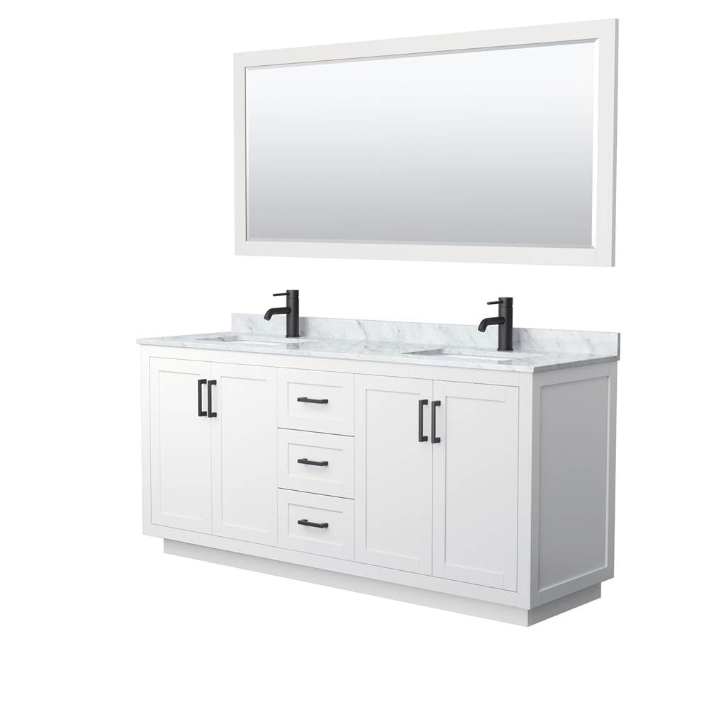 Wyndham Collection - Miranda 72 Inch Double Bathroom Vanity in White, White Carrara Marble Countertop, Undermount Square Sinks, Matte Black Trim, 70 Inch Mirror