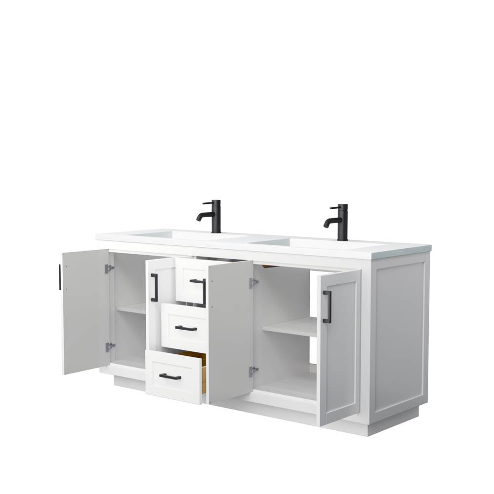 Miranda 72 Inch Double Bathroom Vanity in White, 1.25 Inch Thick Matte White Solid Surface Countertop, Integrated Sinks, Matte Black Trim