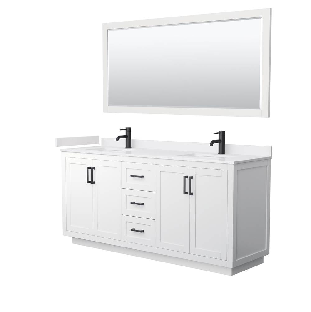 Wyndham Collection - Miranda 72 Inch Double Bathroom Vanity in White, White Cultured Marble Countertop, Undermount Square Sinks, Matte Black Trim, 70 Inch Mirror