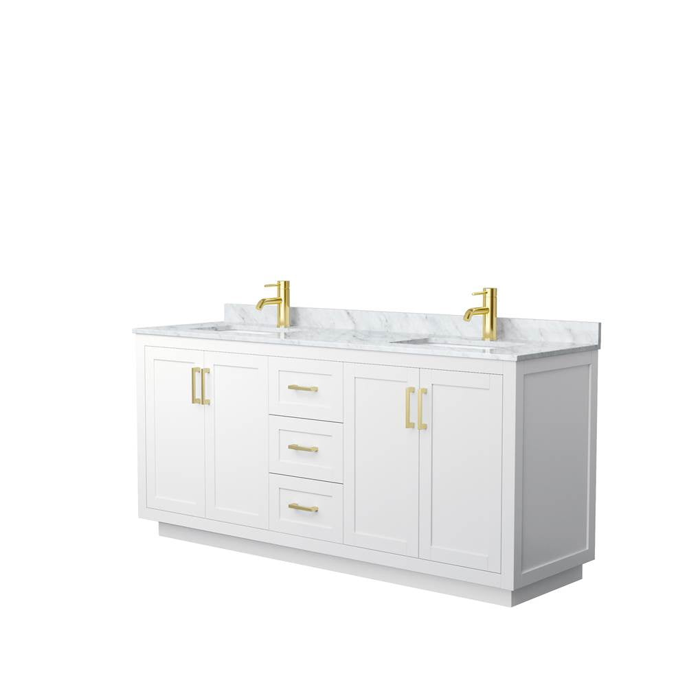 Wyndham Collection - Miranda 72 Inch Double Bathroom Vanity in White, White Carrara Marble Countertop, Undermount Square Sinks, Brushed Gold Trim