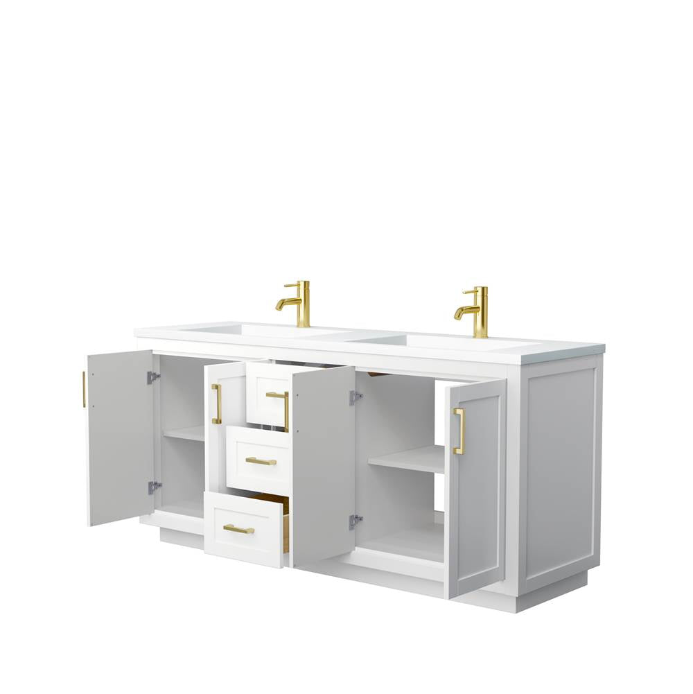 Miranda 72 Inch Double Bathroom Vanity in White, 1.25 Inch Thick Matte White Solid Surface Countertop, Integrated Sinks, Brushed Gold Trim