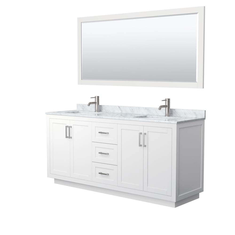Wyndham Collection - Miranda 72 Inch Double Bathroom Vanity in White, White Carrara Marble Countertop, Undermount Square Sinks, Brushed Nickel Trim, 70 Inch Mirror