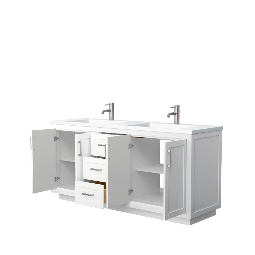 Miranda 72 Inch Double Bathroom Vanity in White, 1.25 Inch Thick Matte White Solid Surface Countertop, Integrated Sinks, Brushed Nickel Trim
