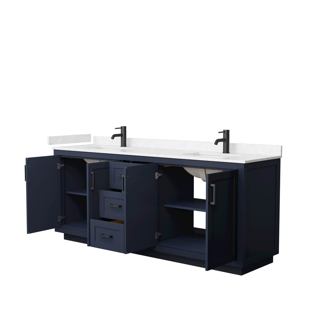 Miranda 80 Inch Double Bathroom Vanity in Dark Blue, Light-Vein Carrara Cultured Marble Countertop, Undermount Square Sinks, Matte Black Trim