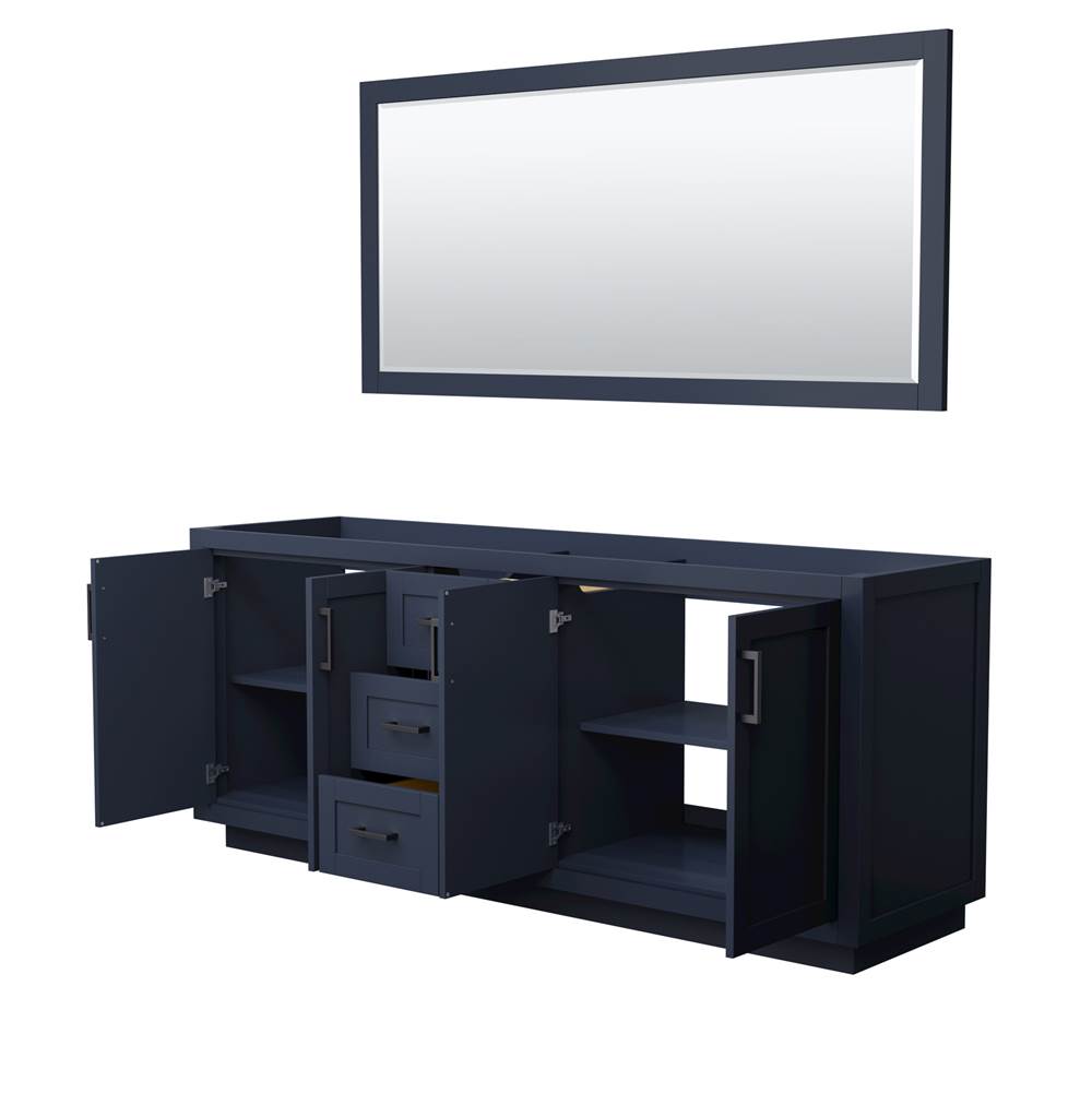 Miranda 80 Inch Double Bathroom Vanity in Dark Blue, No Countertop, No Sink, Matte Black Trim, 70 Inch Mirror