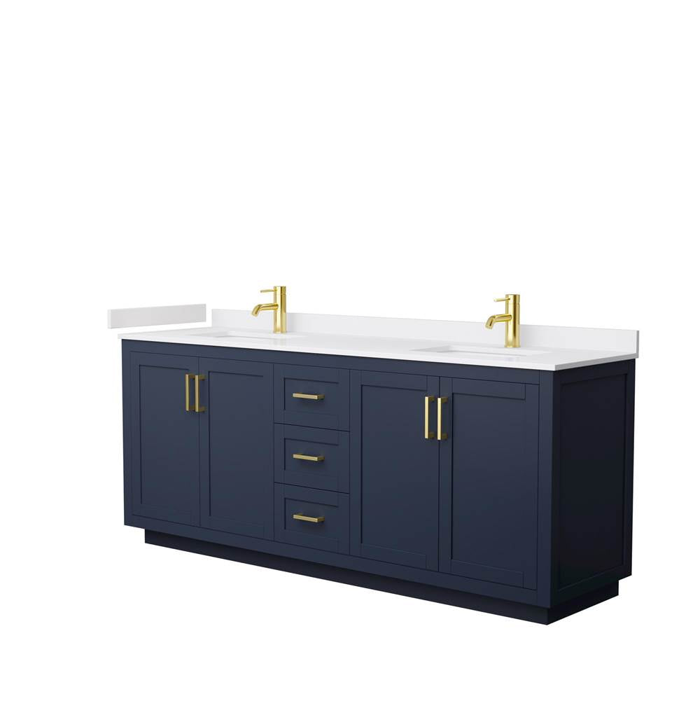 Wyndham Collection - Miranda 80 Inch Double Bathroom Vanity in Dark Blue, White Cultured Marble Countertop, Undermount Square Sinks, Brushed Gold Trim